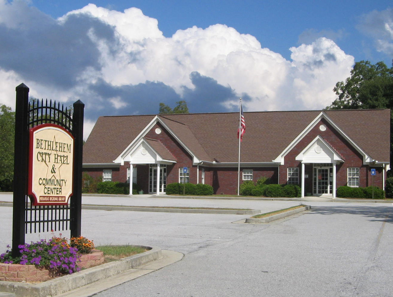 city hall with sign